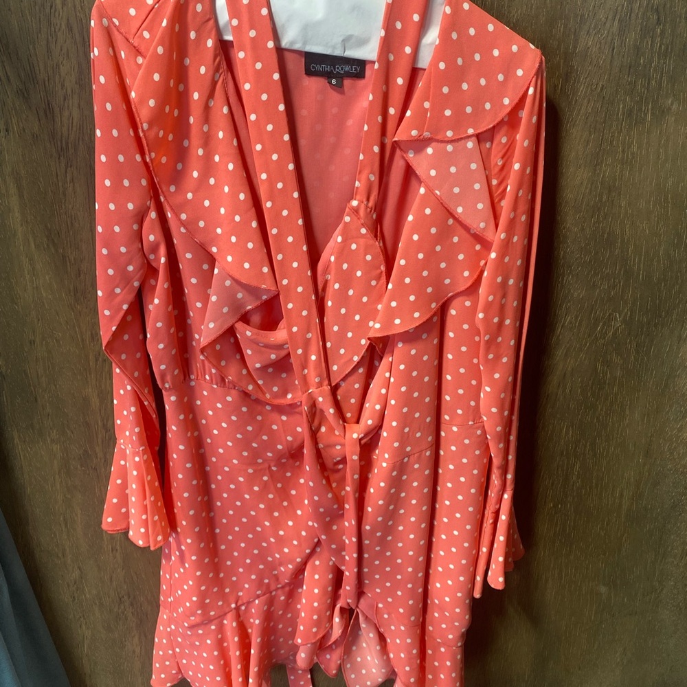 Orange and White Ruffled 3/4 Sleeve Blouse with Tie Front